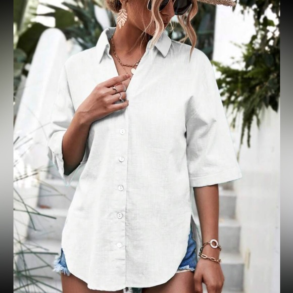 Classic Side Slit Button Down Semi Sheer Shirt Top Blouse - Picture 4 of 5